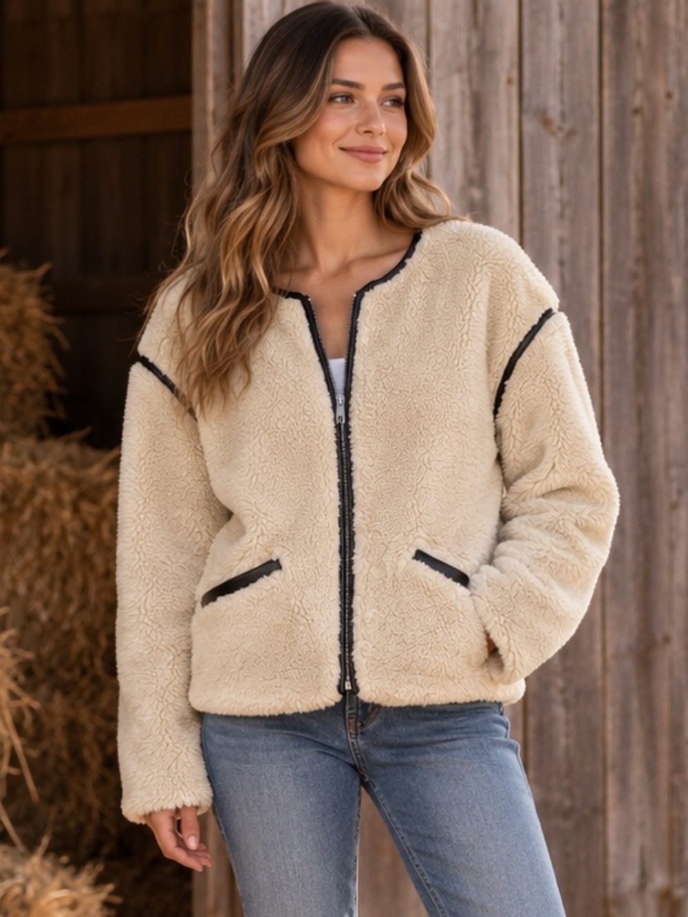 Gap Cream Sherpa Zip Jacket Faux Leather Trim Teddy Coat XL